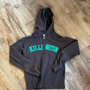 Killington Vermont small brown women’s hoodie zip front with green sewn letters